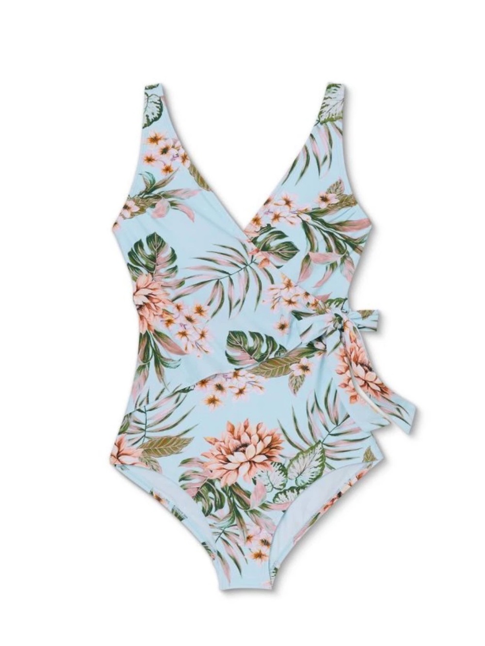 KONA SOL Light aqua Tropical Floral Wrap One Piece Bathing Swim Suit size- L